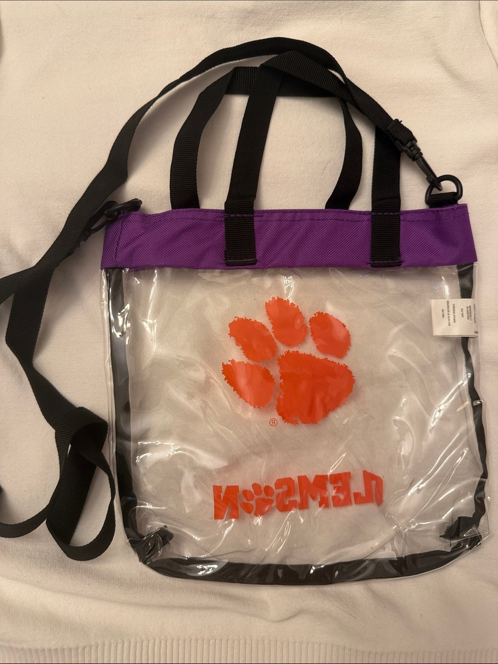 Clemson Clear Tote Bag with Purple Trim and Black Straps